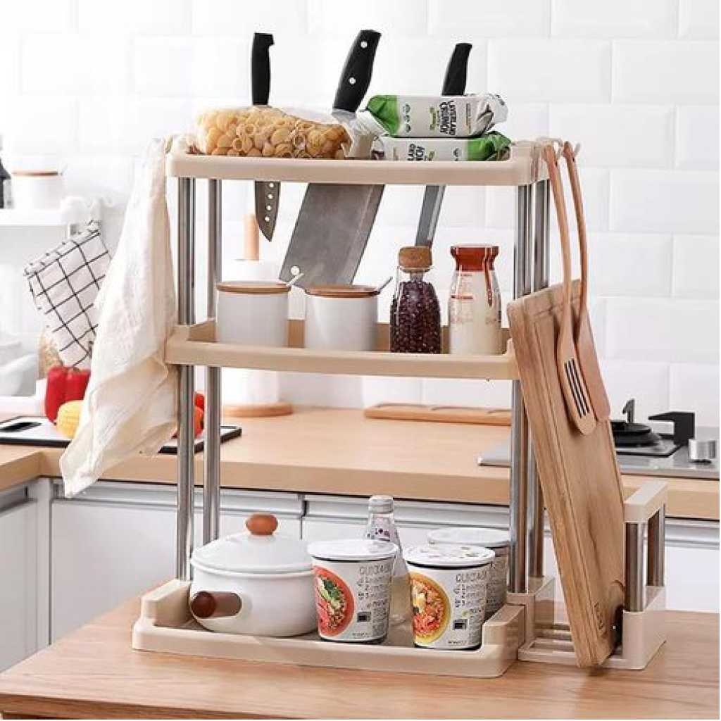 3 Tier Plastic Spice Rack Organizer Spice Jars Bottle Stand Holder Storage Shelves + Hanging Hooks- Multi-colour