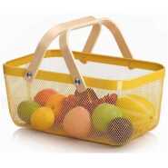 Rectangle Metal Mesh Fruit Shopping Wooden Handle Storage Basket- Multi-colour