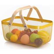 Rectangle Metal Mesh Fruit Shopping Wooden Handle Storage Basket - Multi-colour