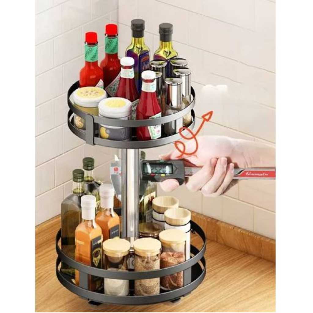 2 Tier 360° Rotatating Kitchen Trolley Shelf Spice Storage Rack Organizer Stand - Black