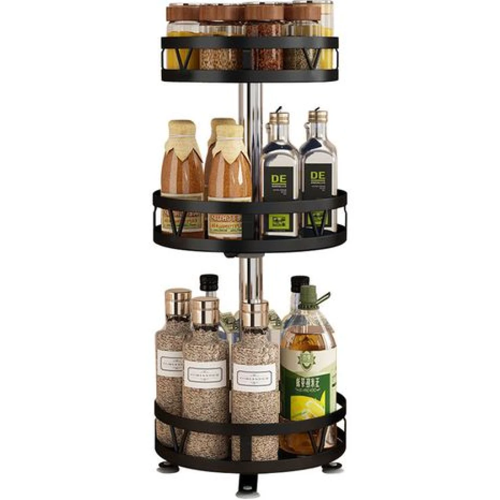 3 Tier 360° Rotatating Kitchen Trolley Shelf Spice Storage Rack Organizer Stand - Black