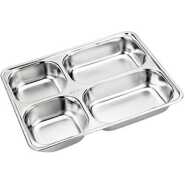 6 Pc Stainless Steel Rectangle 4 In1 Compartment Dinner Plate Tray - Silver