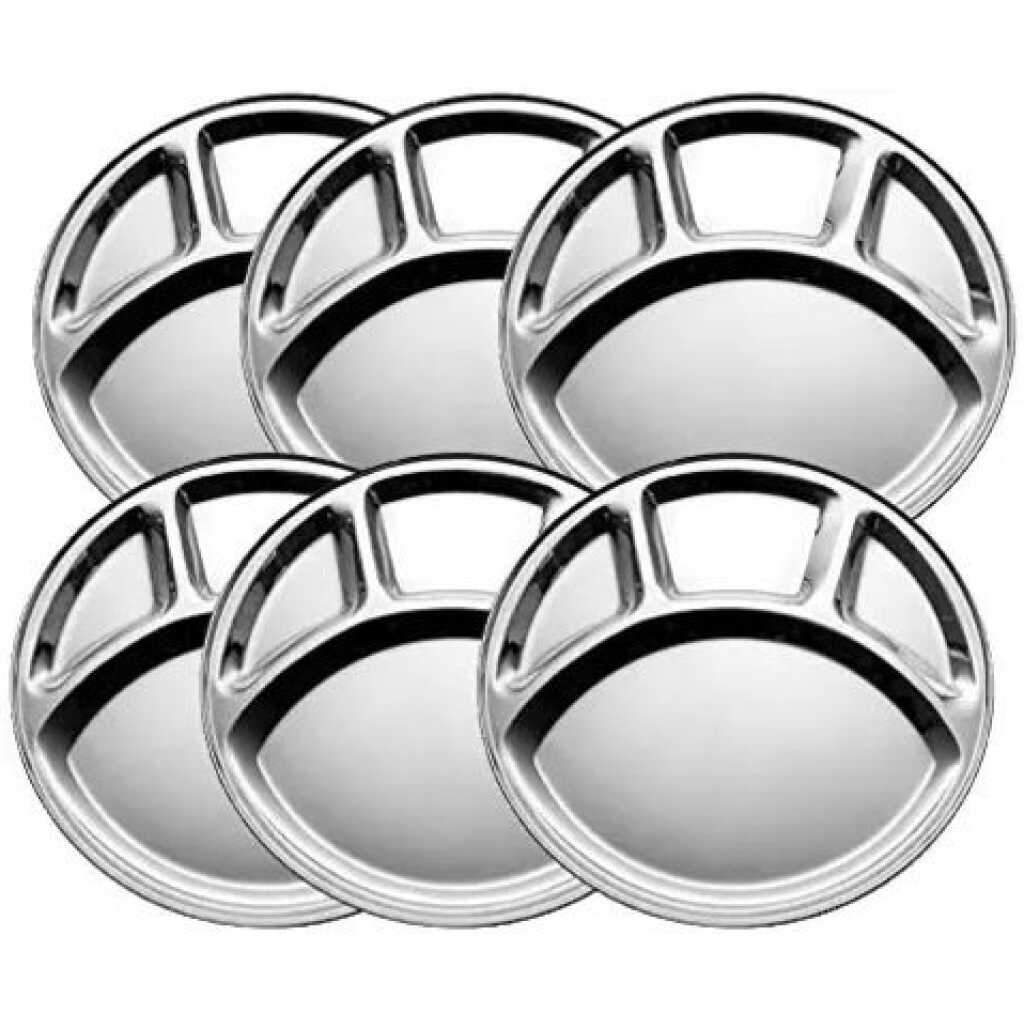 6 Pc Stainless Steel Round 4-In-1 Component Dinner Plate Tray For Lunch - Silver