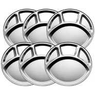 6 Pc Stainless Steel Round 4-In-1 Component Dinner Plate Tray For Lunch - Silver