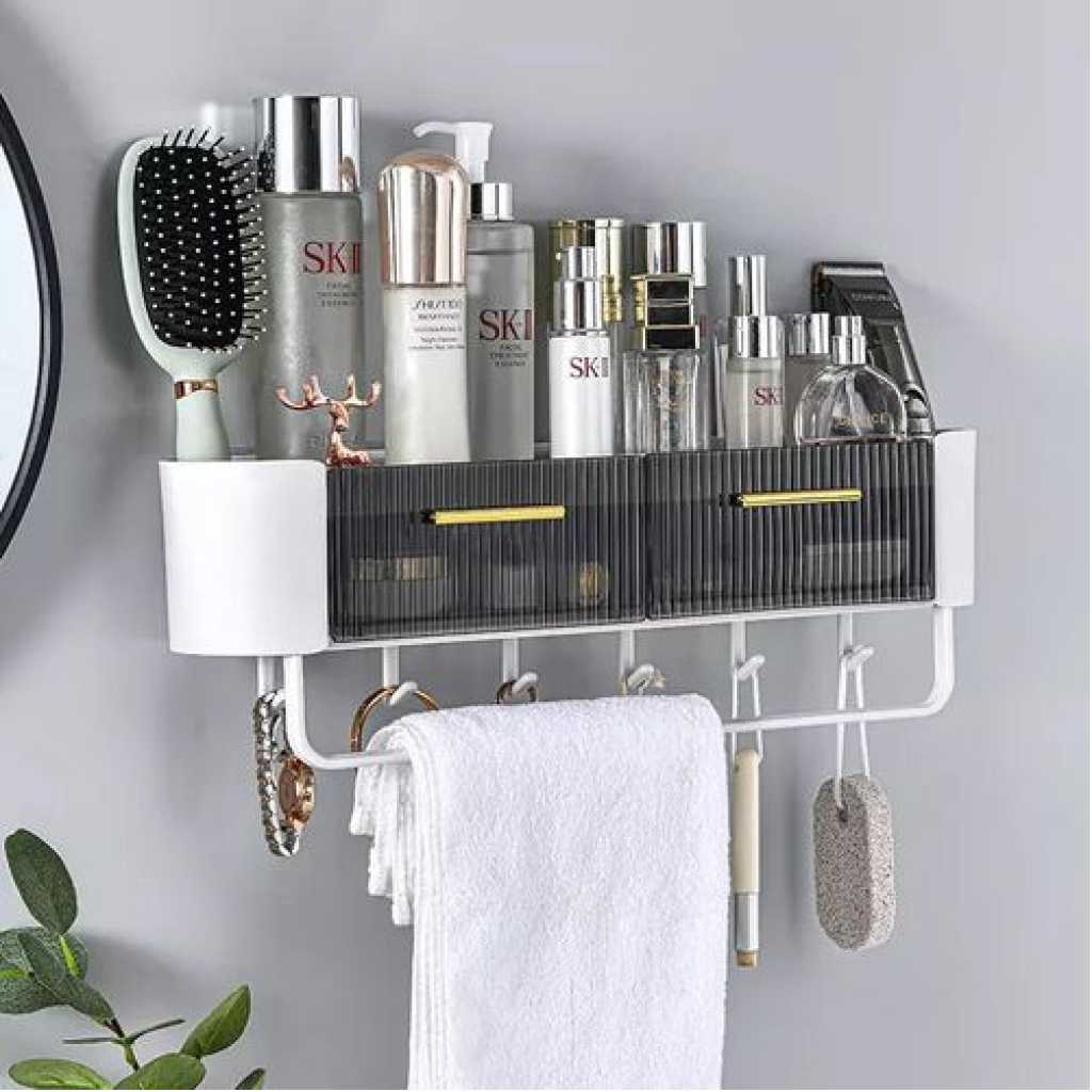 Shower Caddy, Self Adhesive Wall Mounted Shelf Bath Organizer, Shampoo Shelves Storage Basket Soap Holder hanging Tray with 4 Hooks & 1 Towel Bar Rack Rails for Bathroom, Kitchen- White