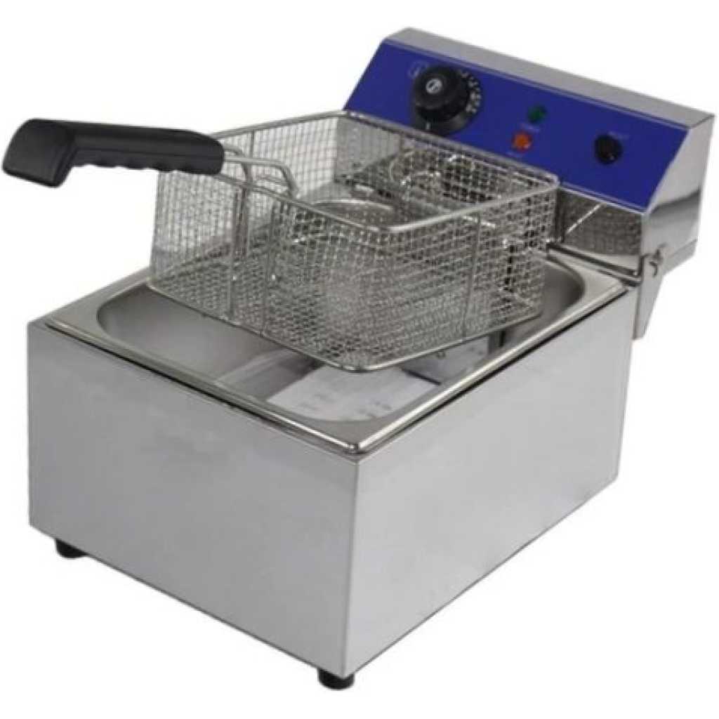 8 Litres Commercial Single Tank Electric Oil Deep Fryer with Basket & Lid- Silver.