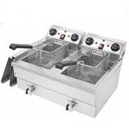 16 Litres Commercial Double Tank Electric Oil Deep Fryer with Basket & Lid- Silver.