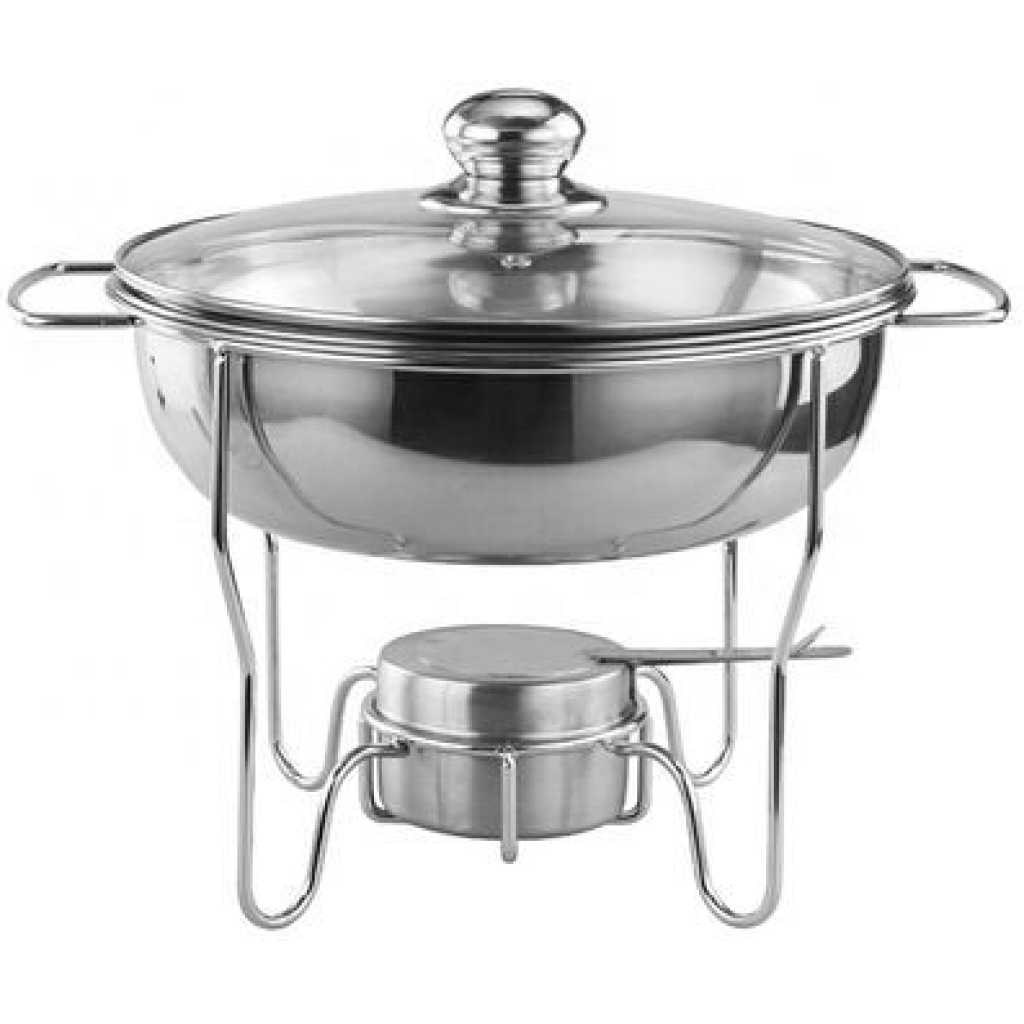 4L Stainless Steel Small Round Chafing Dish Food Warmer Hot Pot Outdoor Camping Alcohol Stove- Silver.