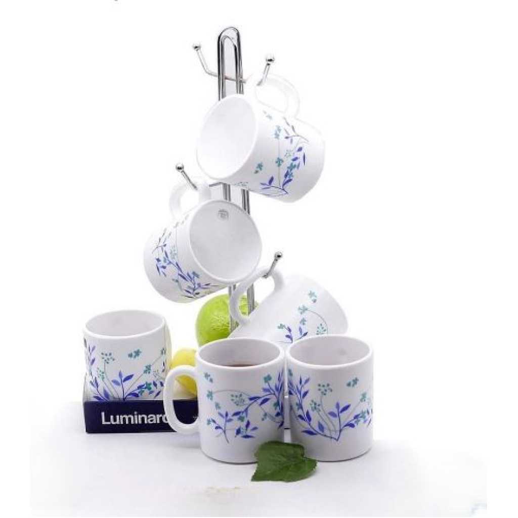 Luminarc 6 Pieces Of Luminarc Blue Flower Tea Coffee Mug Cups -White.