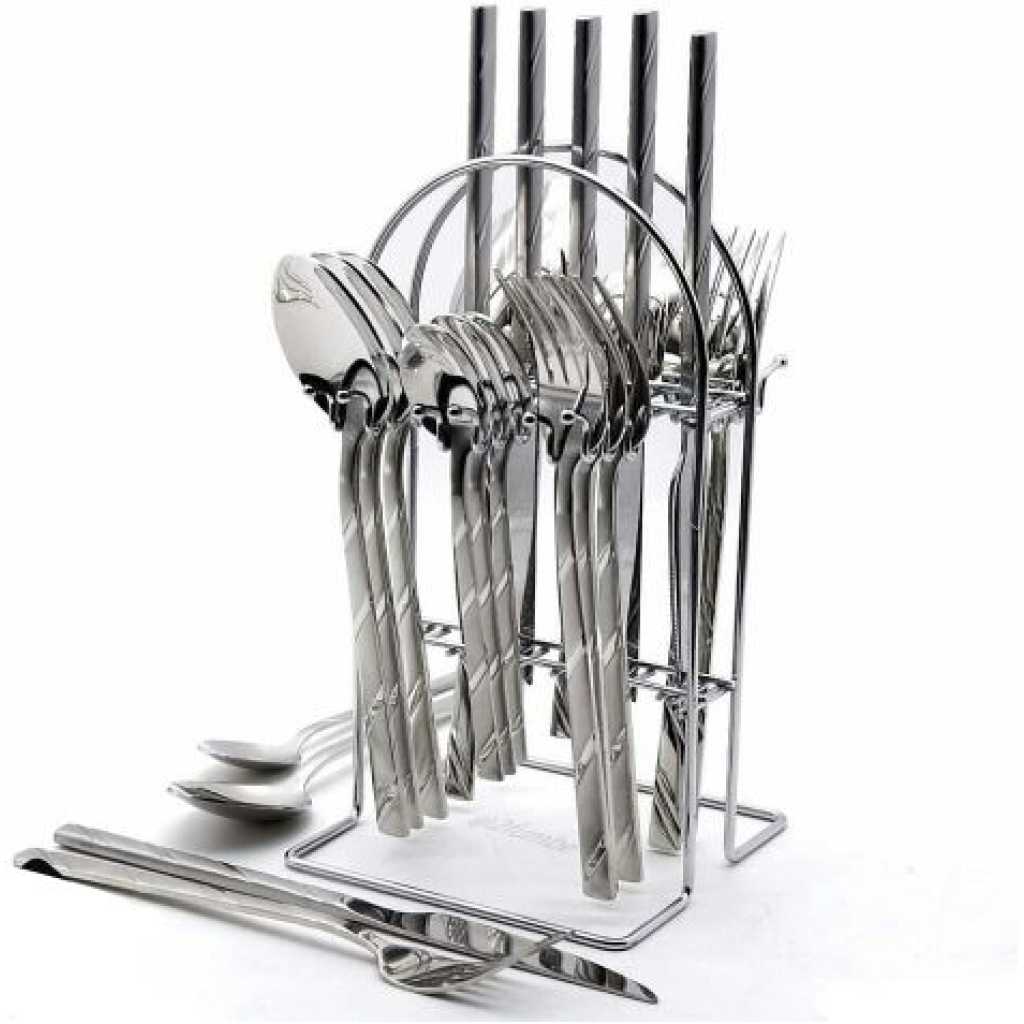 24 Pcs Self Design Dinner Cutlery (Forks, Spoons & Knives) With A Stand - Silver