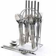 24 Pcs Self Design Dinner Cutlery (Forks, Spoons & Knieves) With A Stand - Silver