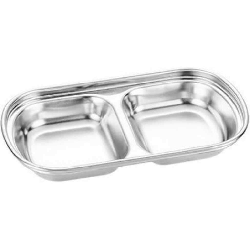 2 Compartment Salad Sauce Dish Food Dipping Bowl Seasoning Tray Vinegar Snack Plate- Silver