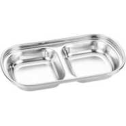 2 Compartment Salad Sauce Dish Food Dipping Bowl Seasoning Tray Vinegar Snack Plate- Silver