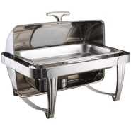 9L Single Rectangular Roll Top Chafing Dish Glass Lid Buffet Food Warmers - Silver