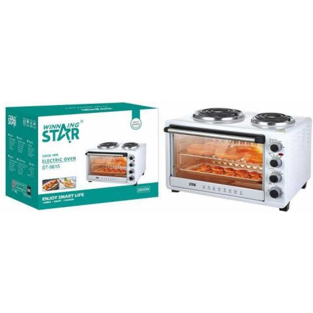 Winningstar 45L Electric Convection Oven With 2 Coil Hot Plate Heating Mode 3 Timer- White.