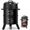 3-In-1 Charcoal Grill BBQ Smoker Barbecue Stove Oven With Thermometer,3 Grates And 2 Doors- Black