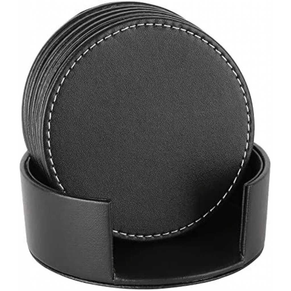 7 Piece Leather Drink Coasters Round Cup Mat Pad for Home And Kitchen - Black