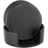 7 Piece Leather Drink Coasters Round Cup Mat Pad for Home And Kitchen - Black