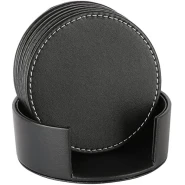 7 Piece Leather Drink Coasters Round Cup Mat Pad for Home And Kitchen - Black
