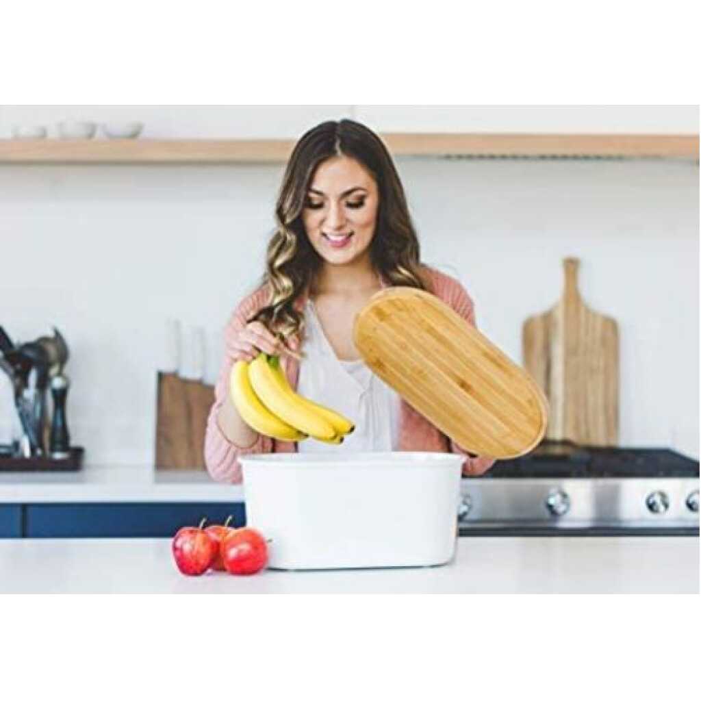 Bamboo Storage Bread Bin And Cutting Board Lid - White