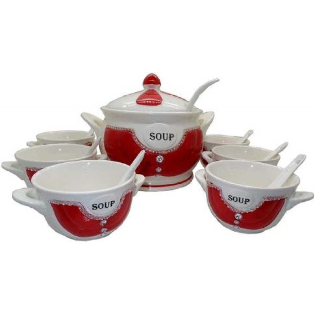 15-Piece Ceramic soup Bowls ,Cups, Spoon Set On Stand- Multi-color.