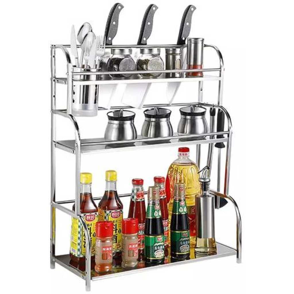 3 Tier Spice Rack Organizer Spice Jars Bottle Stand Holder Kitchen Storage Shelves + Hanging Hooks- Multi-colour