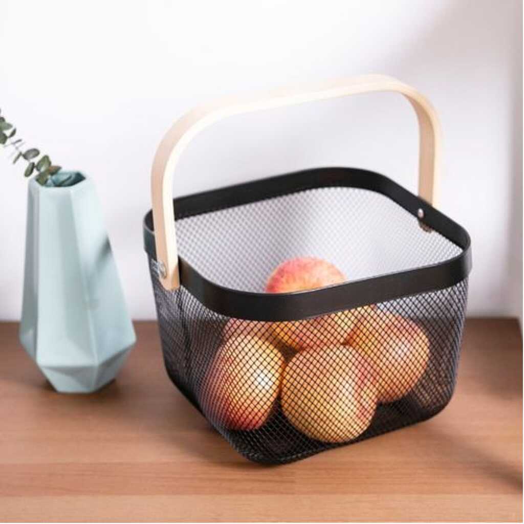 Square Metal Mesh Fruit Shopping Wooden Handle Storage Basket - Multi-colour
