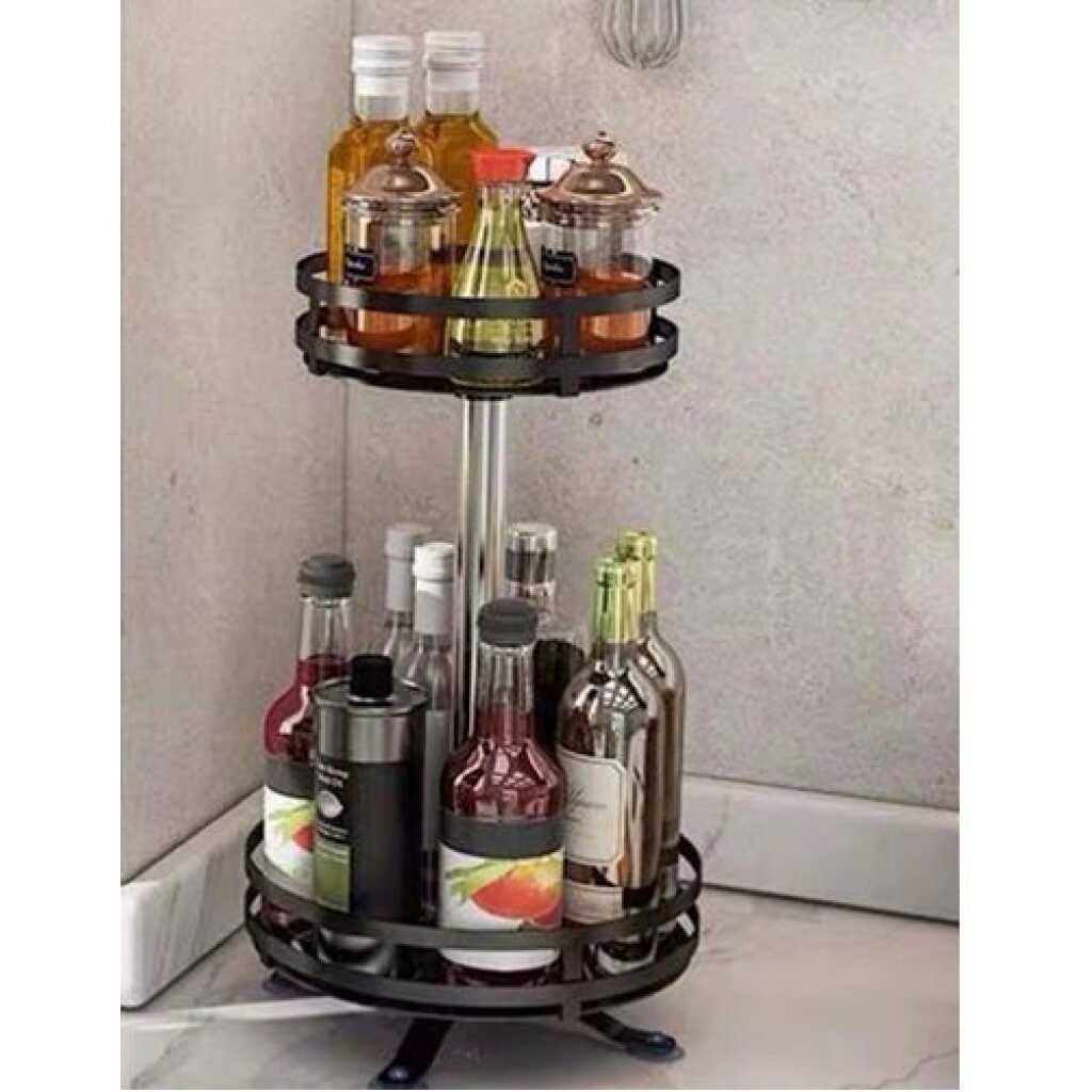 2 Tier 360° Rotatating Kitchen Trolley Shelf Spice Storage Rack Organizer Stand - Black