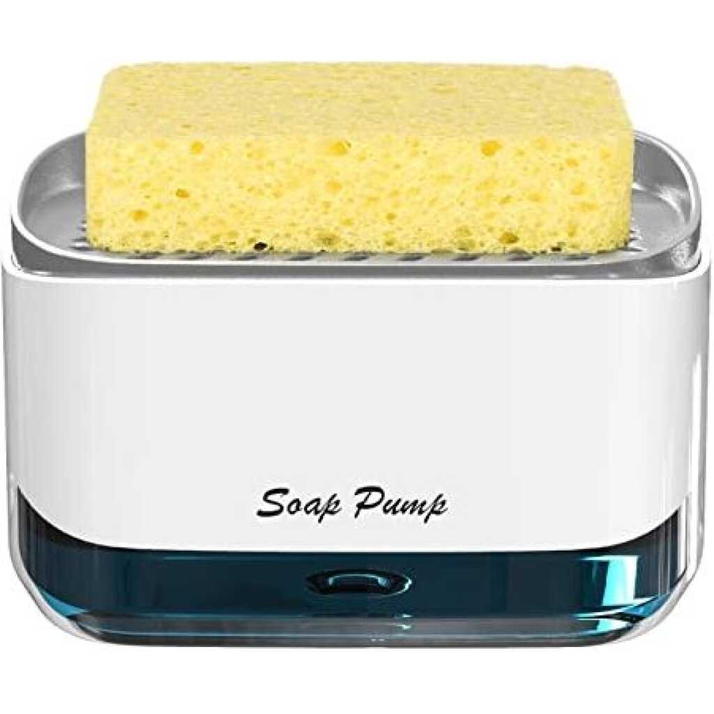 2-in-1 Countertop Dish Washing Liquid Soap Dispenser Pump With Sponge Holder Hand Sink Caddy Organiser Tidy - White