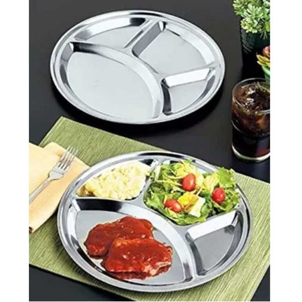 6 Pc Stainless Steel Round 4-In-1 Component Dinner Plate Tray For Lunch - Silver