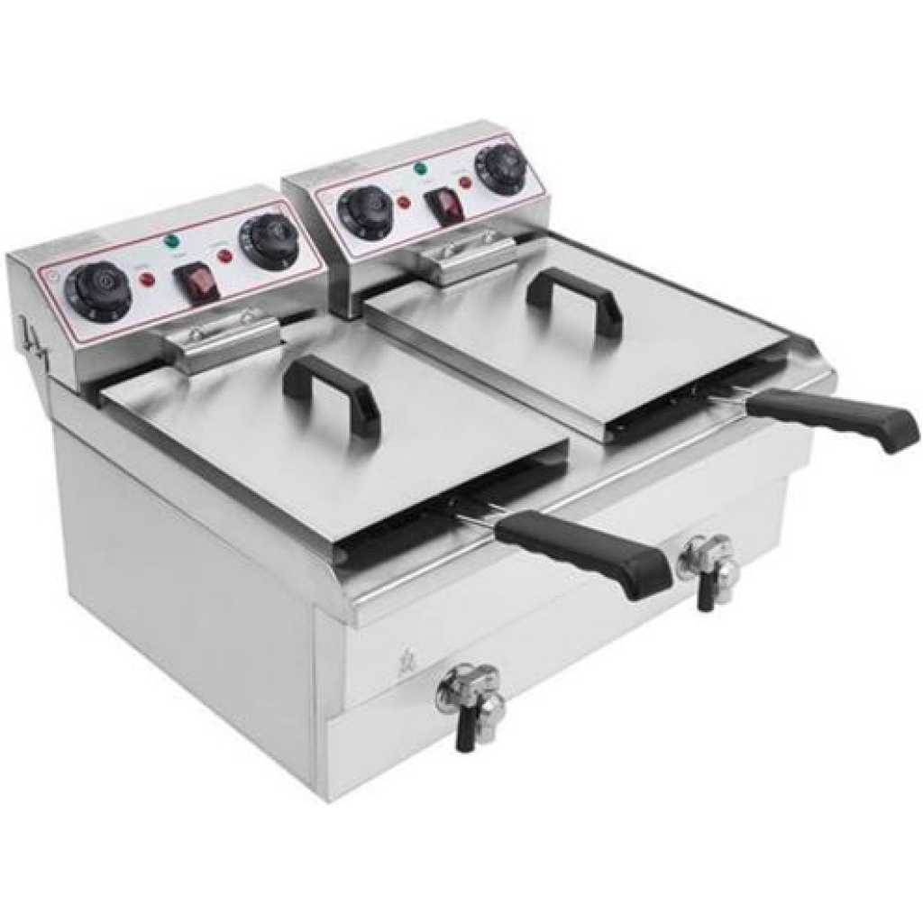 16 Litres Commercial Double Tank Electric Oil Deep Fryer with Basket & Lid- Silver.