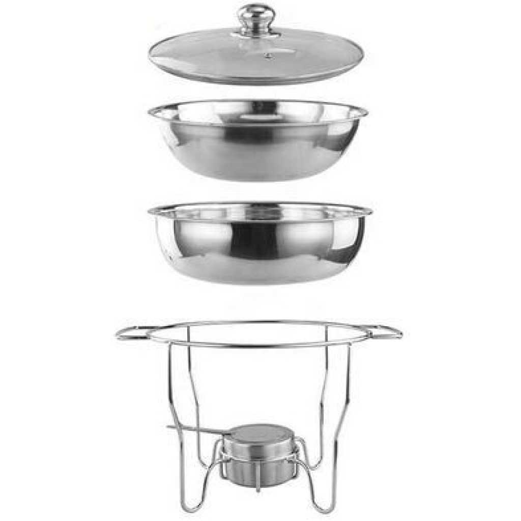 4L Stainless Steel Small Round Chafing Dish Food Warmer Hot Pot Outdoor Camping Alcohol Stove- Silver.