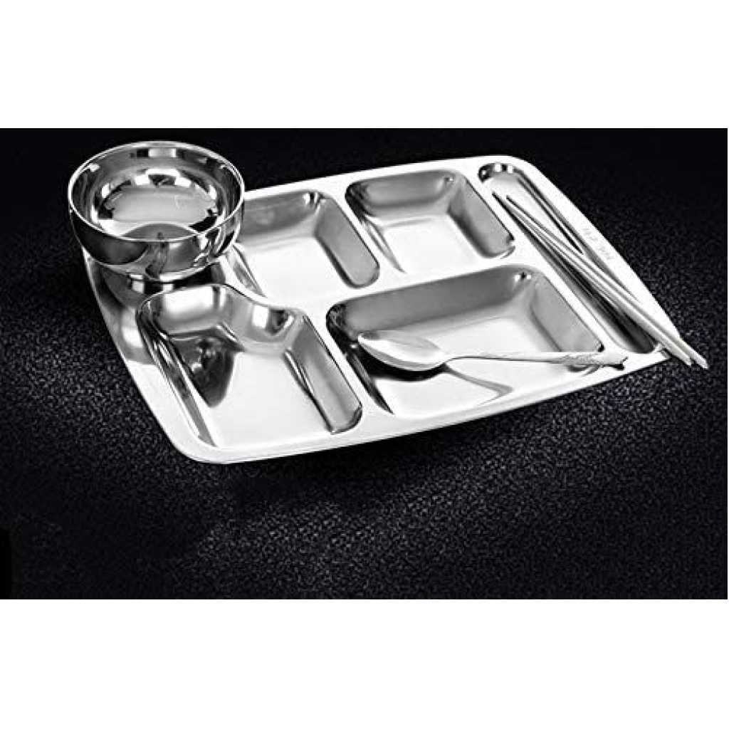 Stainless Steel Rectangle 6-In-1 Component Dinner Plate Tray For Lunch - Silver