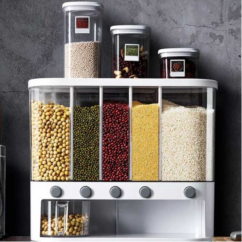 5-Grid Wall Mounted Storage Container 12L Food Dispenser Rice Bucket- Clear.