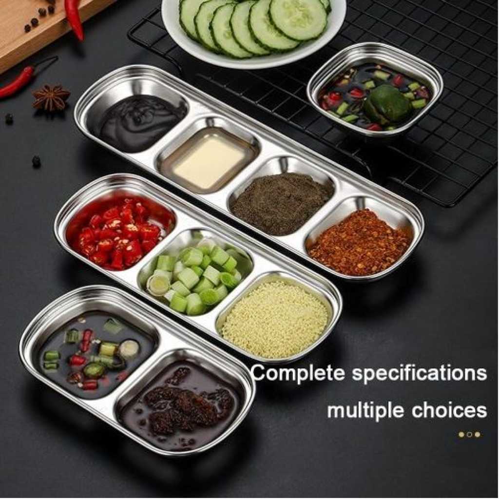 2 Compartment Salad Sauce Dish Food Dipping Bowl Seasoning Tray Vinegar Snack Plate- Silver