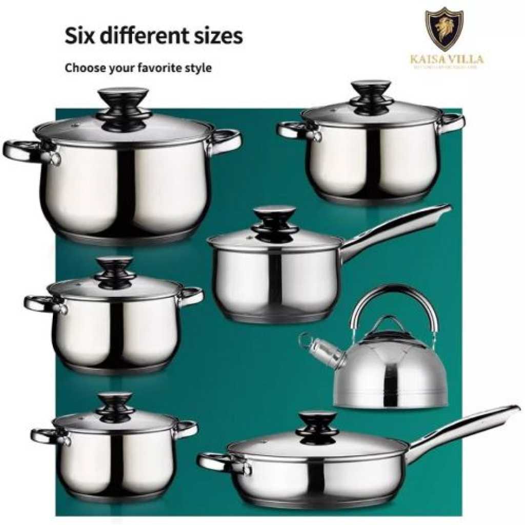 12 Pc Steel Pots Kettle Frying pan Saucepans Cookware - Silver, Black