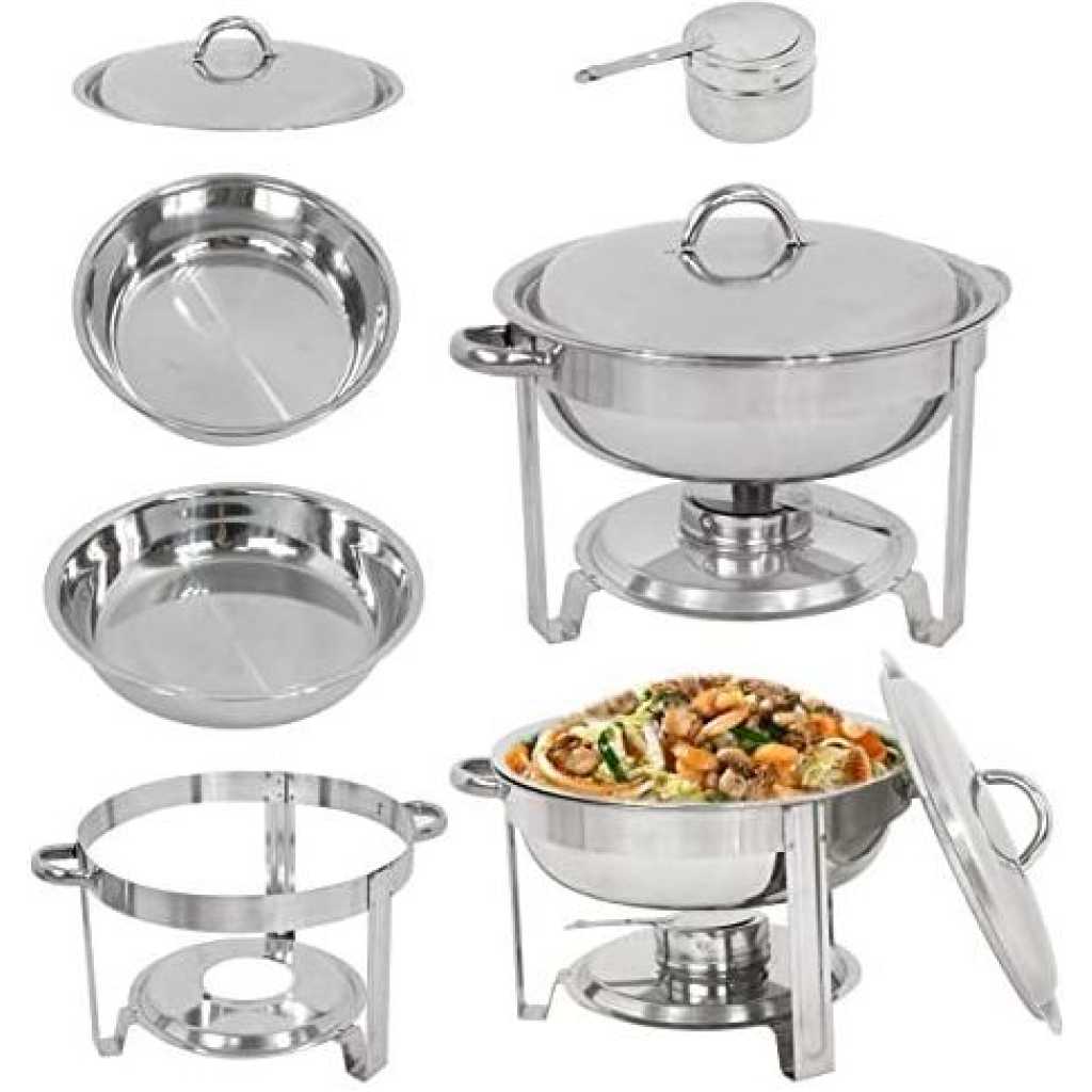 Chafing Dish Round Chafer Buffet Catering Warmer Food And Water Pan, Lid, Solid Stand And Fuel Holder - Silver