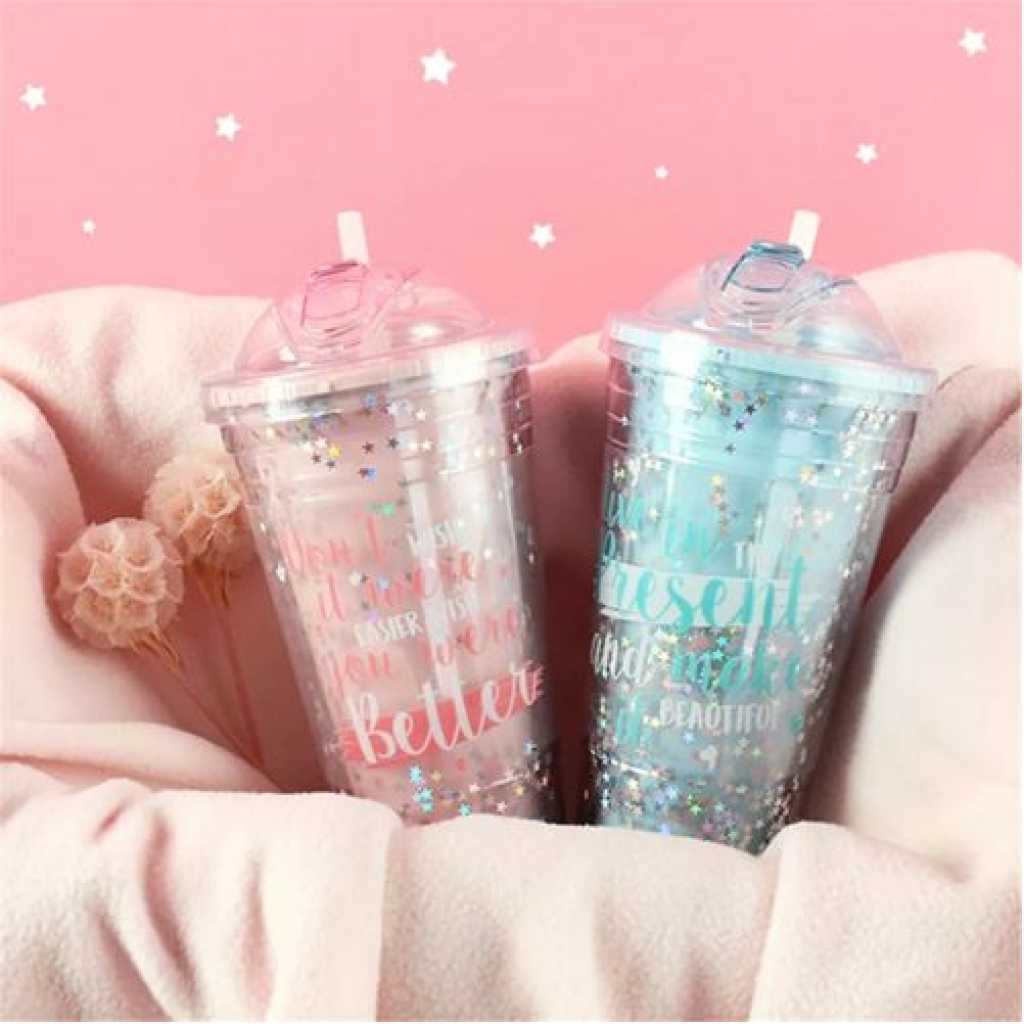 1pc 2-Layer Ice Cream Smoothie Juice Bottle Cup Kettle with Straw - Multi-colours