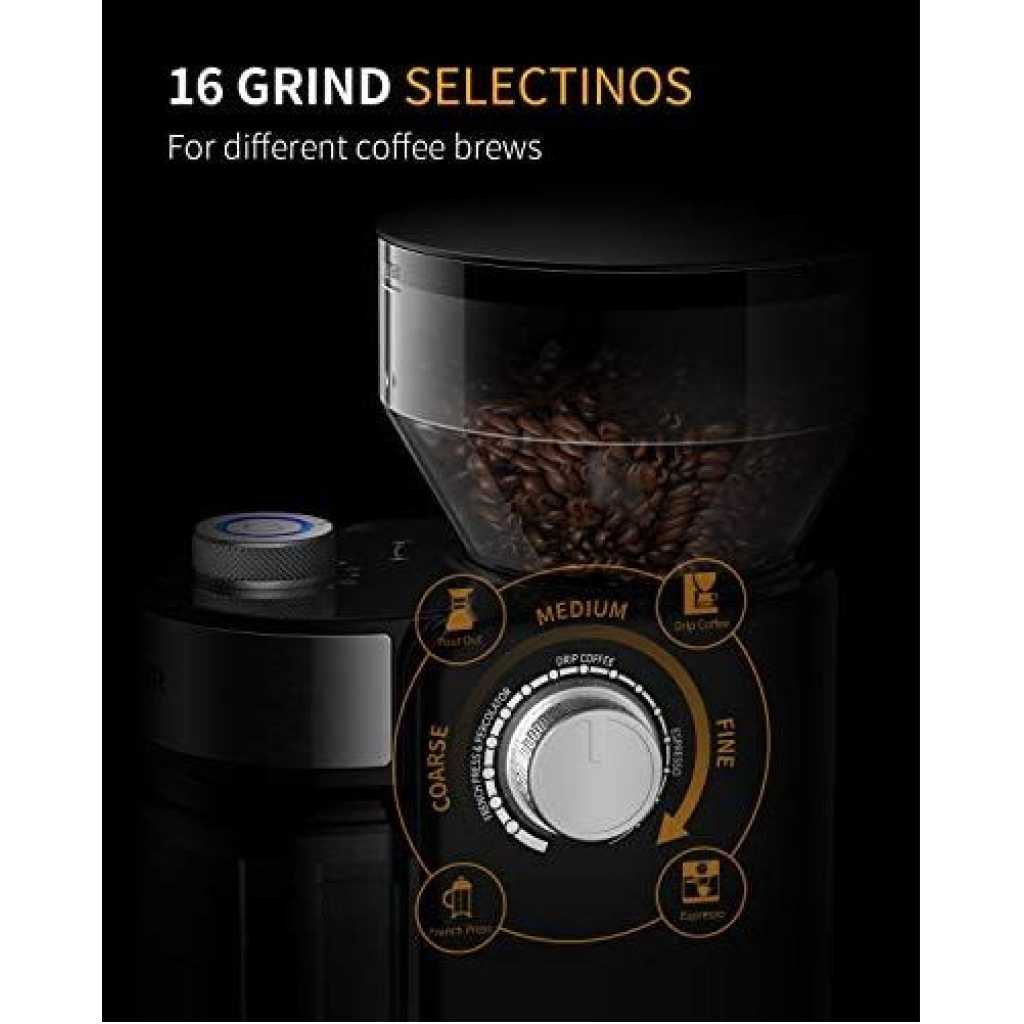 Electric Coffee Grinder 2.0, Adjustable Burr Mill with 16 Precise Grind Settings for 2-14 Cups - Black