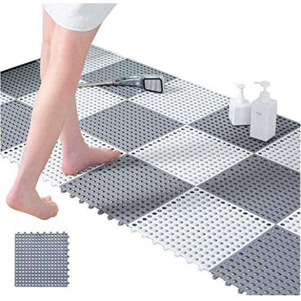 4Pcs Interlocking Non Slip Bathroom Floor Tiles Rubber Mat For Toilet Kitchen Swimming Pool Balcony Pet (30x30cm) - Multi-colours