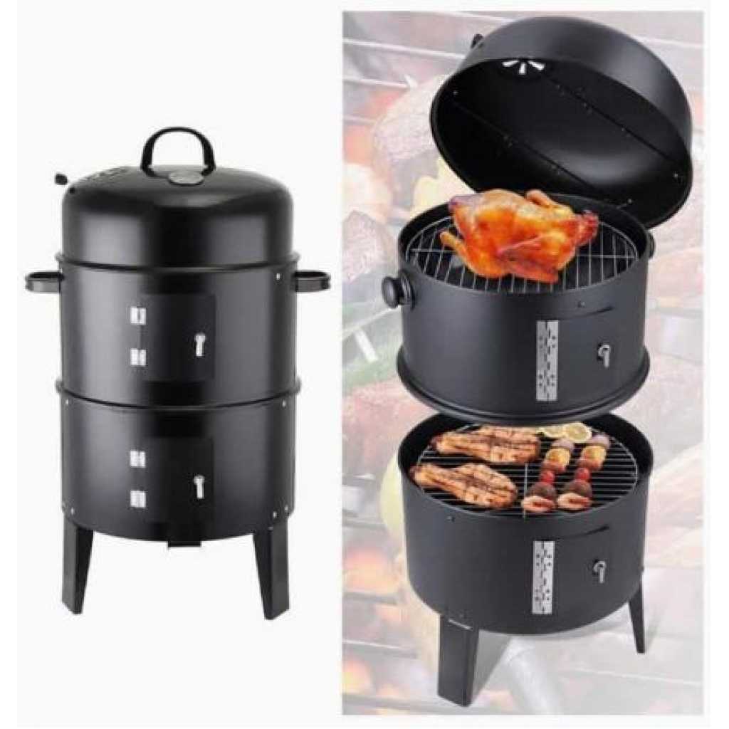 3-In-1 Charcoal Grill BBQ Smoker Barbecue Stove Oven With Thermometer,3 Grates And 2 Doors- Black