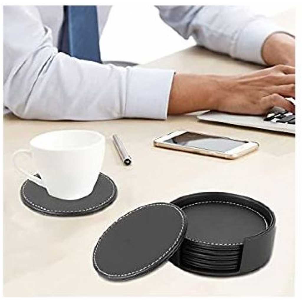 7 Piece Leather Drink Coasters Round Cup Mat Pad for Home And Kitchen - Black