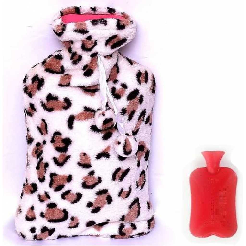 Hot Water Bottle with Faux Fur Cover 1700ML, Cosy Bed Warmer & Soft Bag Cover - Multi-colours.