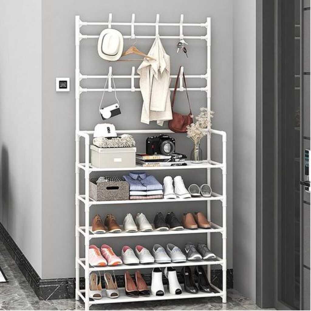 Multi-functional Hat Coat Stand With 5 Tier Shoe Rack Storage Clothes Rack & 8 Hooks Organizer- Black.