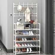 Multi-functional Hat Coat Stand With 5 Tier Shoe Rack Storage Clothes Rack & 8 Hooks Organizer- Black.