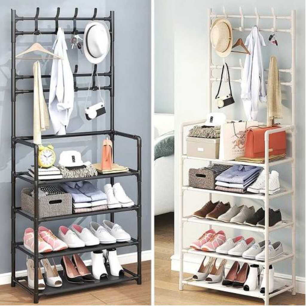 Multi-functional Hat Coat Stand With 5 Tier Shoe Rack Storage Clothes Rack & 8 Hooks Organizer- Black.