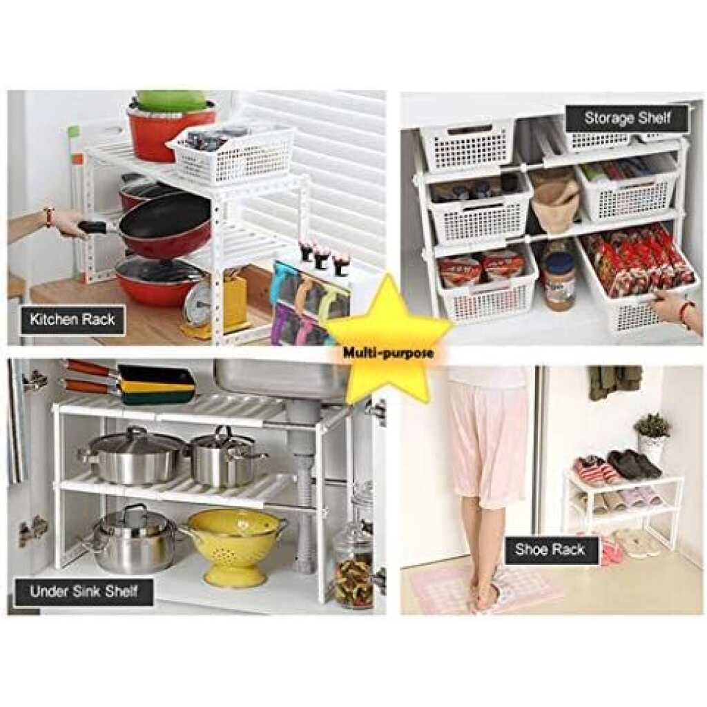 Adjustable Rack, Pool Space Arrangement Frame, Under-Sink Storage Shelves - White