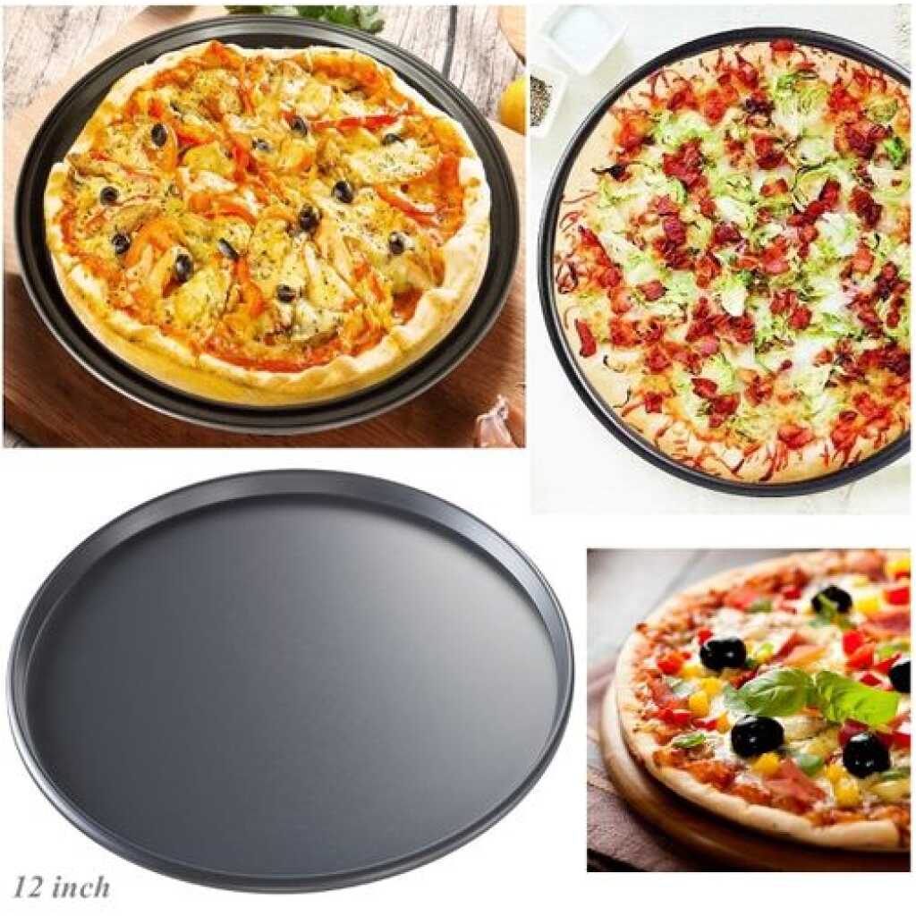 Non-Stick Pizza Steel Baking Round Oven Tray Pan, 30cm - Black