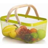 Rectangle Metal Mesh Fruit Shopping Wooden Handle Storage Basket - Multi-colour