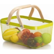 Rectangle Metal Mesh Fruit Shopping Wooden Handle Storage Basket - Multi-colour